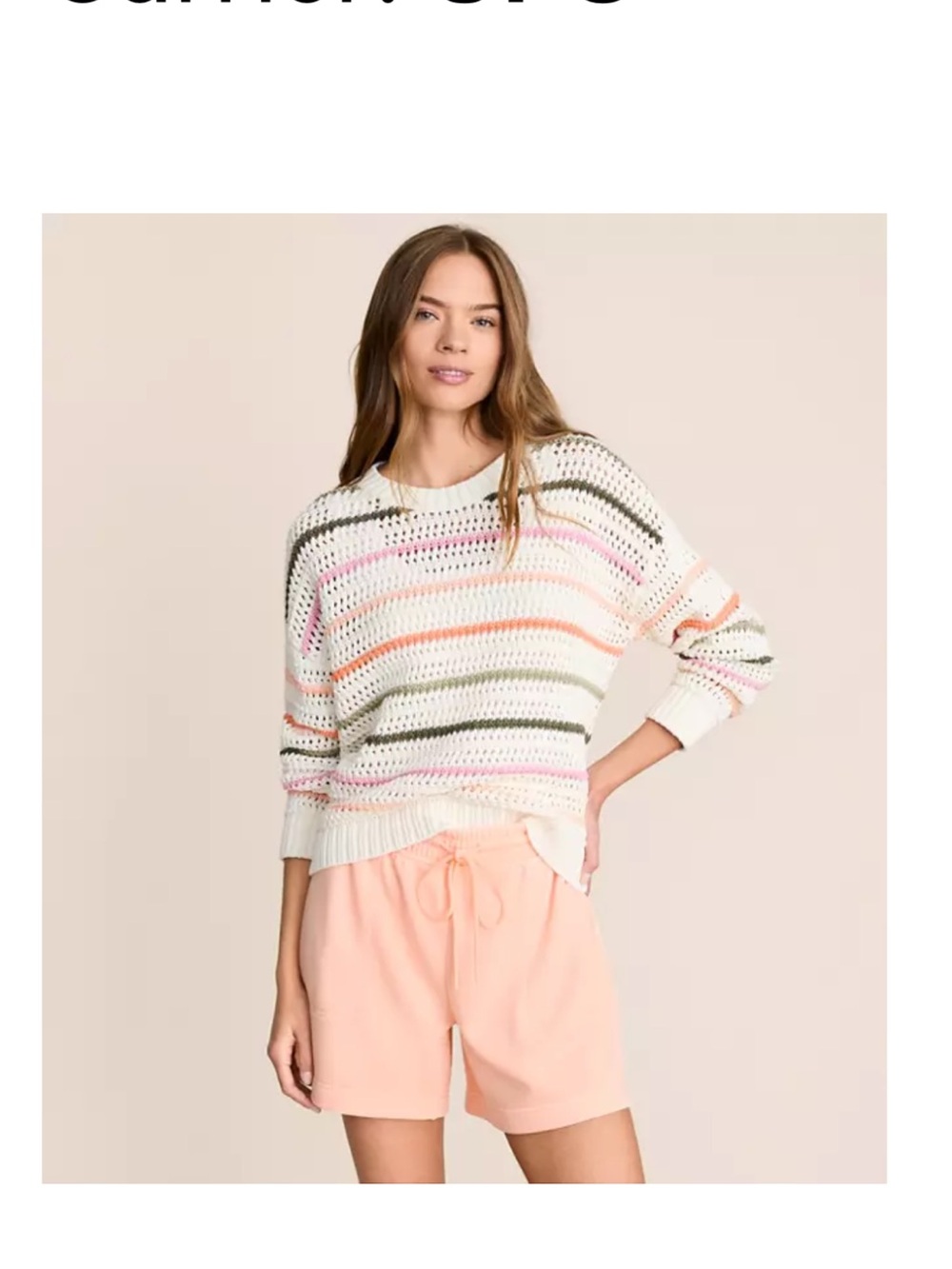 LOFT Open-Knit Crewneck Sweater in White with Pink, Peach & Olive Stripes
